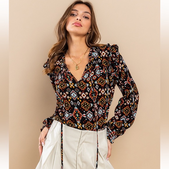 22 Bohemian Print Ruffle Self Tie Neck Blouse - Picture 2 of 6